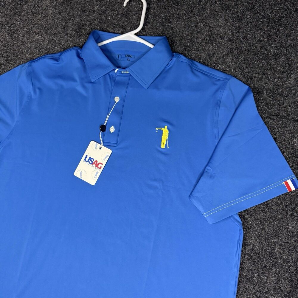 NWT USAG Men's Golf Men’s Size XL Royal Blue Polo Short Sleeve Shirt Yellow NEW